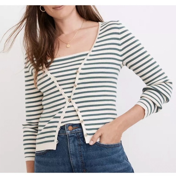 Madewell Carmon Ribbed Striped Cardigan Buttoned Antique Cream Color Size XS - Picture 1 of 9